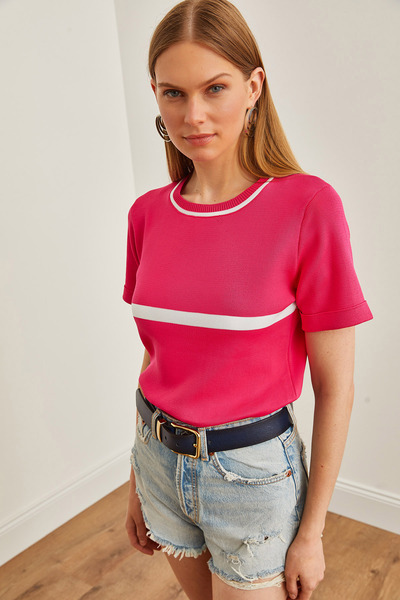 Olalook Fuchsia gestreifte Strickbluse mit Rundhalsausschnitt für Damen BLZ-19002209