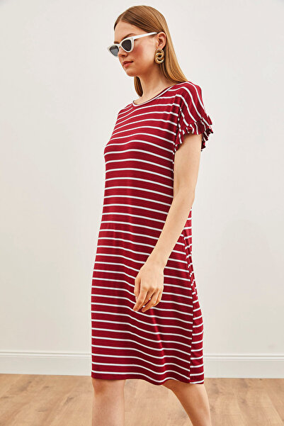 Olalook Kadın Bordo Çizgili Kolu Fırfırlı Örme Viskon Mini Elbise ELB-19002156