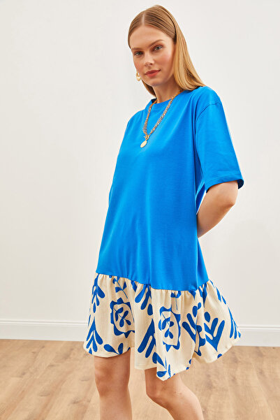 Olalook Γυναικεία Saks Μπλε φούστα εκρού γαρνιρισμένη Μίνι φόρεμα ELB-19002157