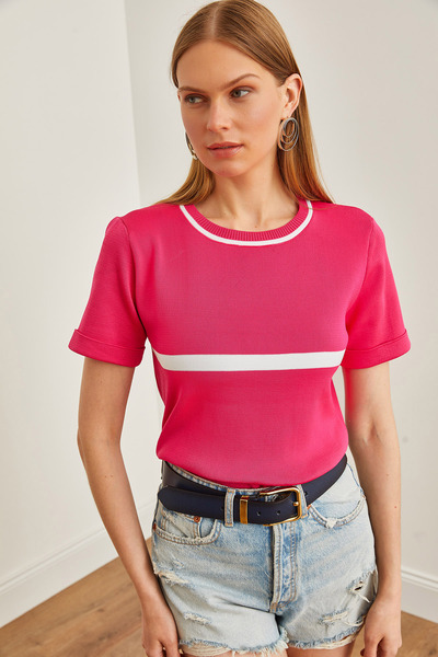 Olalook Fuchsia gestreifte Strickbluse mit Rundhalsausschnitt für Damen BLZ-19002209