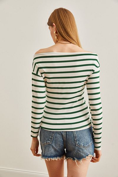 Olalook Γυναικεία Σμαραγδένια Πράσινη ριγέ Premium Soft Touch Boat Neck Stretchy Μπλούζα BLZ-19002448