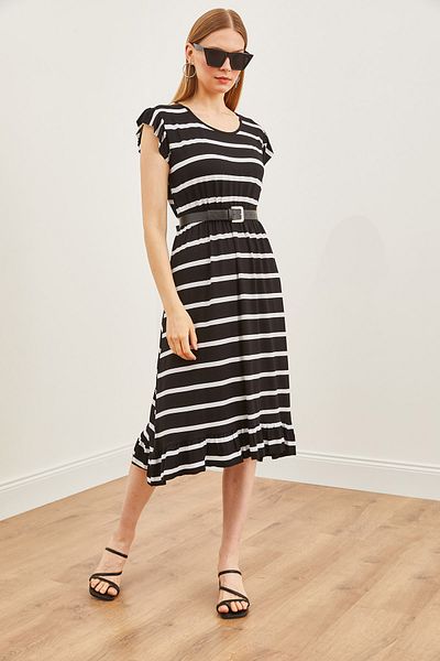 Olalook Fustă albă - negru pentru femei, cu umeri, cu volane, cu talie elastică, tricotată, rochie din viscoză ELB - 19002147