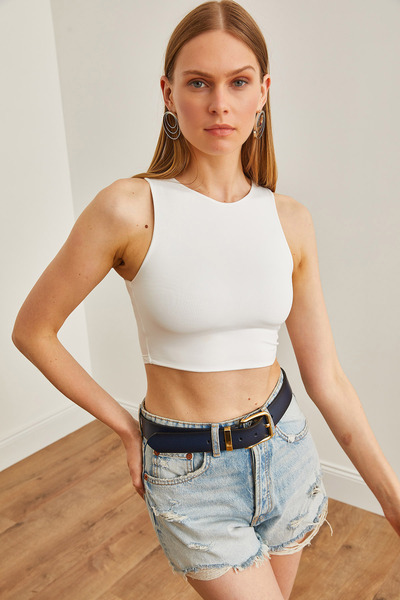 Olalook Γυναικεία λευκή διπλή πολυεπίπεδη μπλούζα Flexible Crop BLZ-19002634