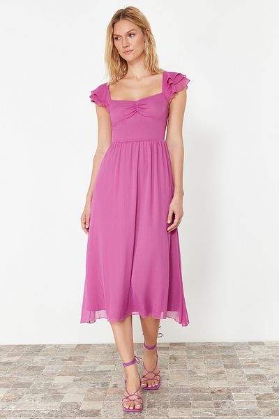 Trendyol Collection Fuchsia Waist Opening Chiffon Lined Midi Woven Dress TWOSS24EL00541
