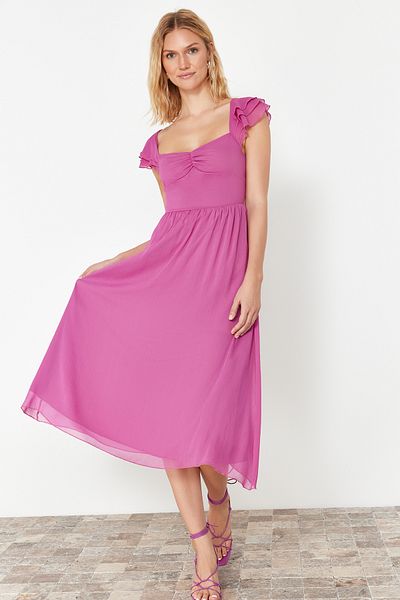 Trendyol Collection Fuchsia Waist Opening Chiffon Lined Midi Woven Dress TWOSS24EL00541