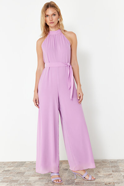 Trendyol Collection Lilac Belted Maxi Chiffon Lined Woven Jumpsuit TWOSS23TU00093