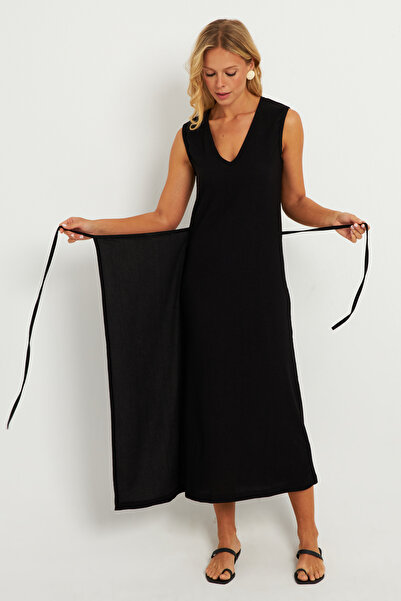 Cool & Sexy Kadın Siyah Bel Bağlamalı Bürümcük Midi Elbise EY2799