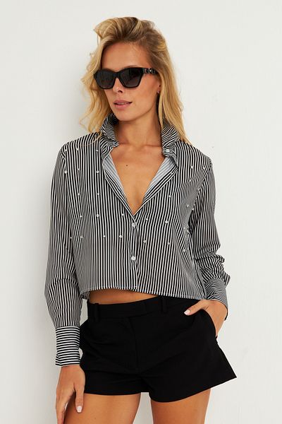 Cool & Sexy Cămașă scurtă cu dungi cu pietre negre pentru femei ZER407