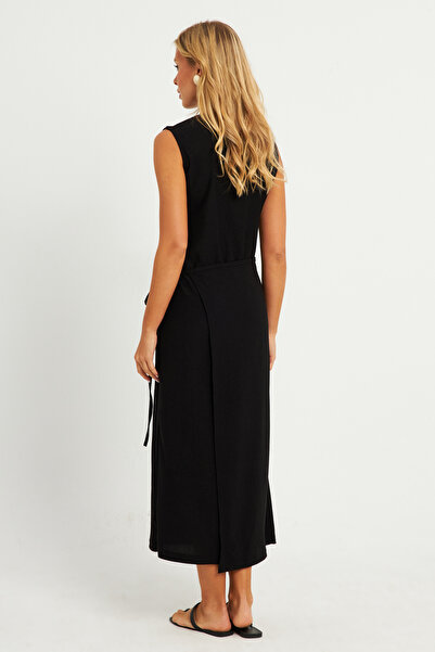 Cool & Sexy Kadın Siyah Bel Bağlamalı Bürümcük Midi Elbise EY2799