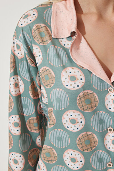 Happiness İstanbul Women's Green Patterned Shirt-Pants Knitted Pajama Set TK00092