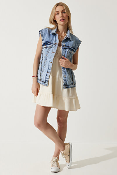 Happiness İstanbul Women's Medium Blue Zipper Detailed Premium Design Denim Vest VC00006