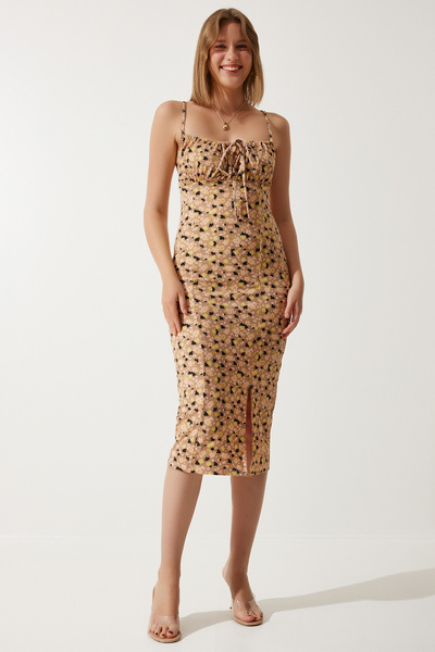 Happiness İstanbul Dámské sušenkové květinové letní pletené šaty s rozparkem CI00029