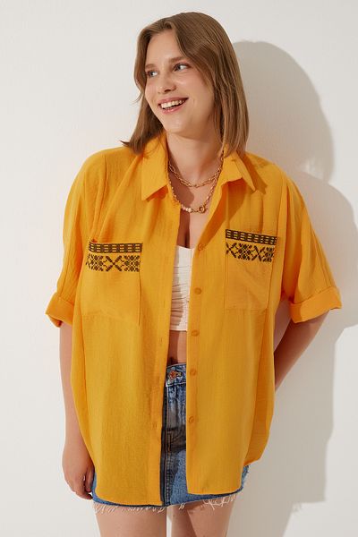 Happiness İstanbul Orangefarbenes, besticktes Ayrobin-Übergröße-Leinenhemd für Damen mit Taschen RG00031