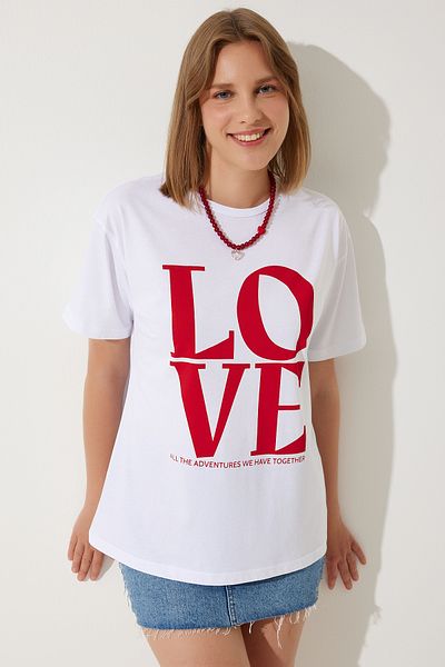 Happiness İstanbul Tricou de damă din bumbac supradimensionat cu imprimeu alb NJ00150