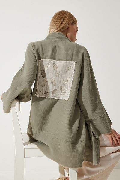 Happiness İstanbul Khakifarbener Premium-Musselin-Kimono mit Blumenmuster für Damen, RG00030