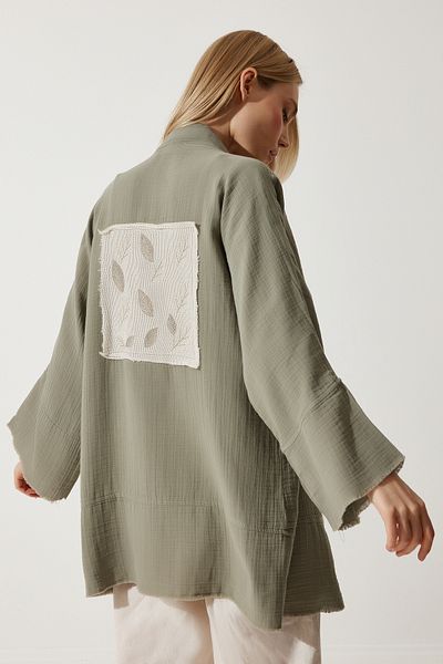 Happiness İstanbul Khakifarbener Premium-Musselin-Kimono mit Blumenmuster für Damen, RG00030