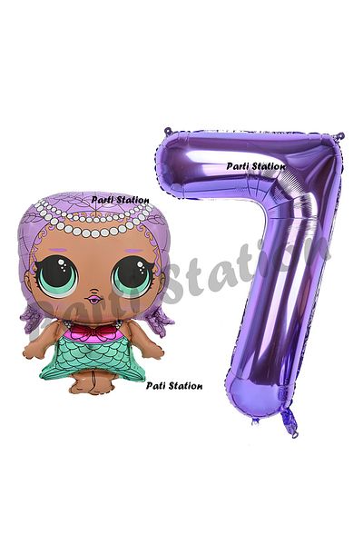 Parti Station 7 Year Old Baby Mermaid LOL Balloon and Purple Number Birthday Party Set