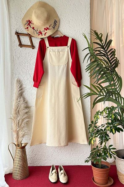 Ceylan Otantik Ecru Linen Skirted Salopet & Red Ahsen Crop