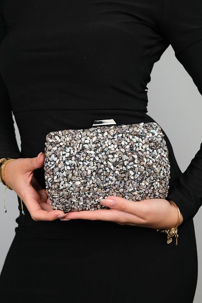 LuviShoes SEUL Abendtasche für Damen in Platin mit Kieselsteinen