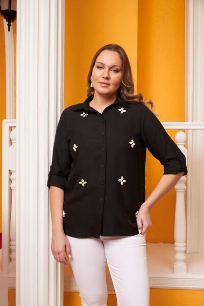 RMG Deniz Kabuğu Işlemeli Büyük Beden Siyah Gömlek