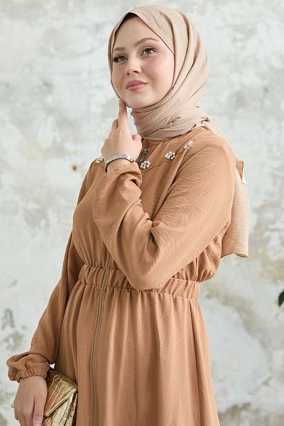 InStyle Ελαστική Camel Ferace με λουλούδια Pearl Robe