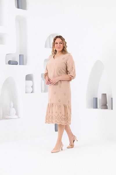 RMG Cream Colored Embroidery Plus Size Dress - Lined and Elastic Sleeves