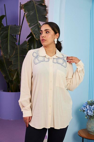 RMG Plus Size Cream Shirt - Shoulder Embroidery, Long Sleeve