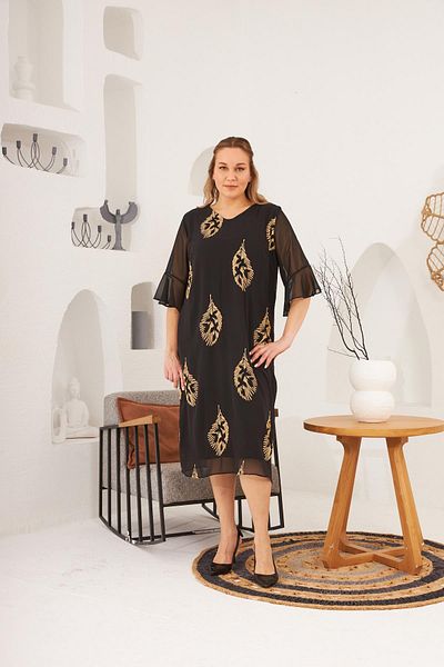 RMG Plus Size Black Evening Dress with Embroidery Detail and Lingerie