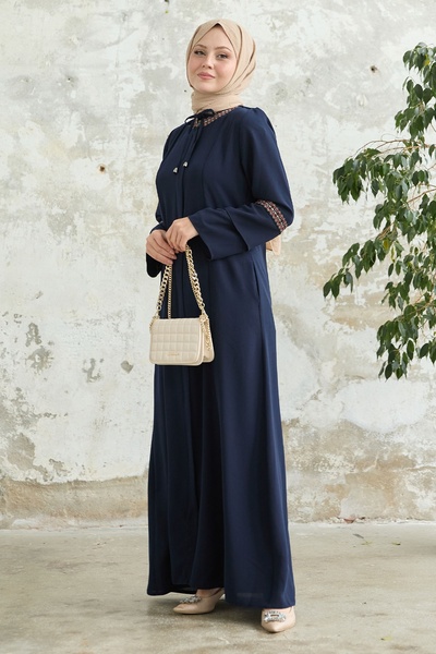 InStyle Lace Detail Embroidered Navy Blue Ferace