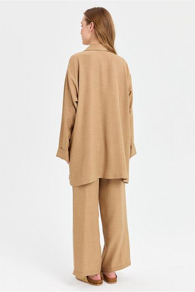 Esswaap Camel Crush Detailed Blouse, Jacket and Pants Set