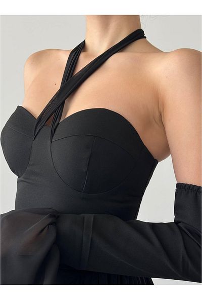 lovebox Women's Lined Chiffon Fabric Halter Detail Gloves with Accessory Black Mini Evening Dress 101