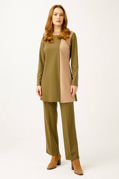 Esswaap Ankle Detailed 2-Color Trousers Set Khaki