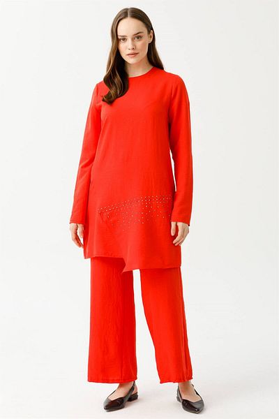 Esswaap Voile Fabric Cut and Stone Detailed Trousers Tunic Set Orange