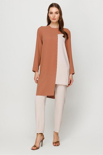 Esswaap Color Transition Stylish Tunic Trousers Set with Fastening Detail Caramel