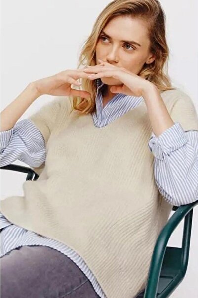 ARESMODA Kadın Krem Pamuklu Düşük Omuz Oversize Süveter