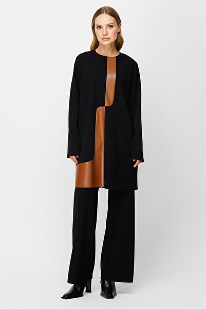 Esswaap Deri Detaylı Pantolon Tunik Takım Siyah