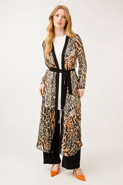 Esswaap Printed Kimono Inner Blouse Pants Set Brown