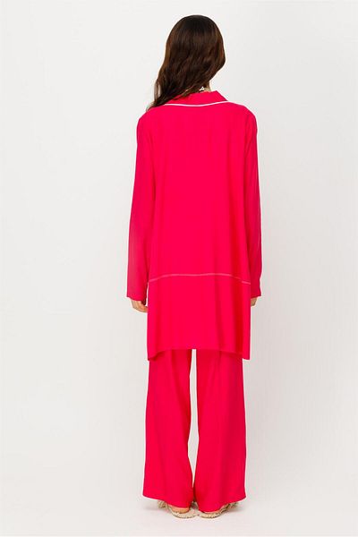 Esswaap Comfortable Fabric Jacket Trousers Tunic Necklace Suit Fuchsia