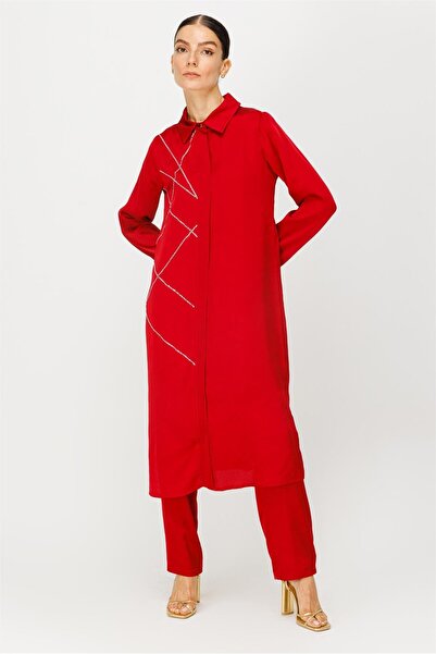 Esswaap Taş Yapıştırma Detaylı Tunik Pantolon Takım Kırmızı