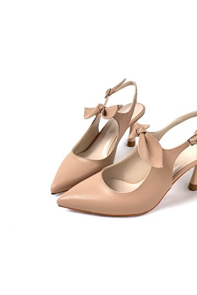 bescobel Women's Nut Skin Tanba Bow Detailed Heeled Pointed Toe Shoes 7 cm Heel 602
