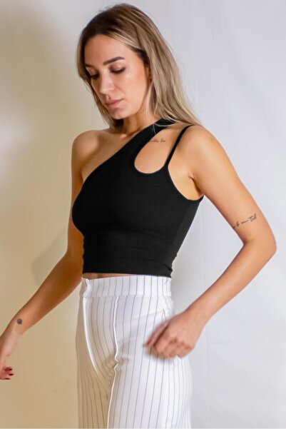 ARESMODA Siyah Cutout Detaylı Esnek Örme Crop Tek Omuz Body Bluz