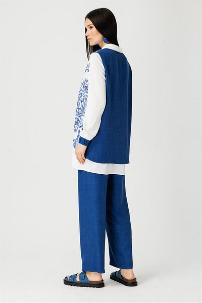 Esswaap Set bluză și pantaloni din piele intoarsa albastra - Detaliu din dantela si imprimat