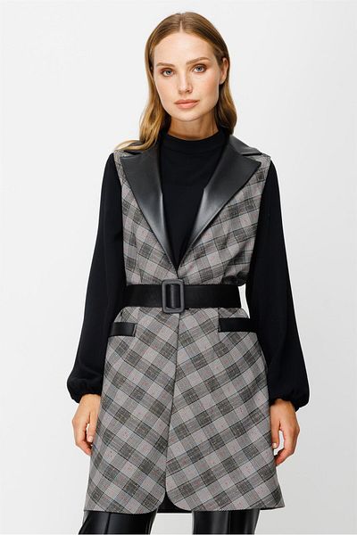 Esswaap Plaid Fabric Leather Belted Triple Set Black