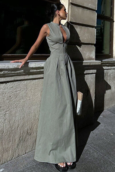 MissKybele Dik Yuvarlak Yaka Önden Fermuarlı Sıfır Kol Beli Oturtmalı Kolsuz Cepli Çan Etekli Uzun Keten Elbise