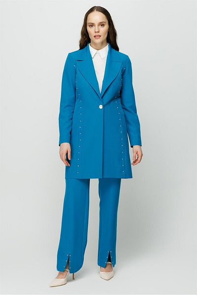 Esswaap Stone Embroidery Detailed Trousers Jacket Set Turquoise