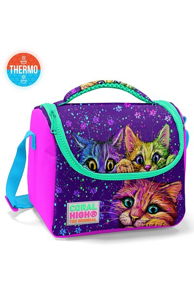 Coral High Kids Pink Purple Cat Patterned Thermo Lunchbox 11732