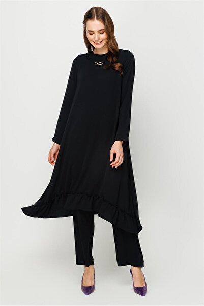 Esswaap Eteği Büzgü Detaylı Tunik Pantolon Takım Siyah