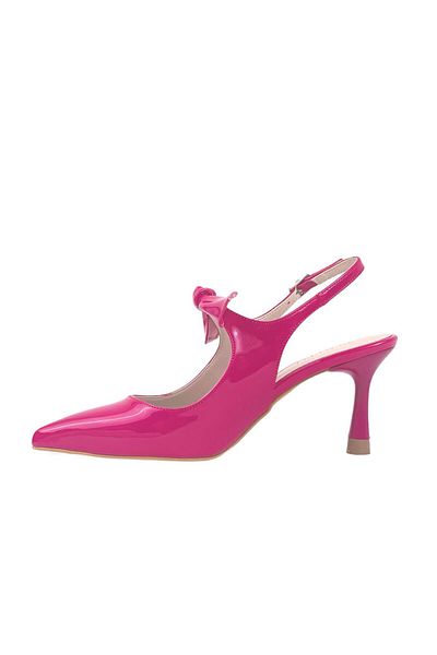 bescobel Women's Fuchsia Patent Leather Material Tanba Bow Detailed Heeled Pointed Toe Shoes 7 Cm Heel 602