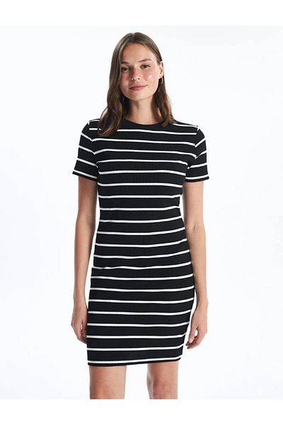 LC Waikiki LCW Vision Crew Neck Mini fit Cut Striped Short Sleeve Women Dress