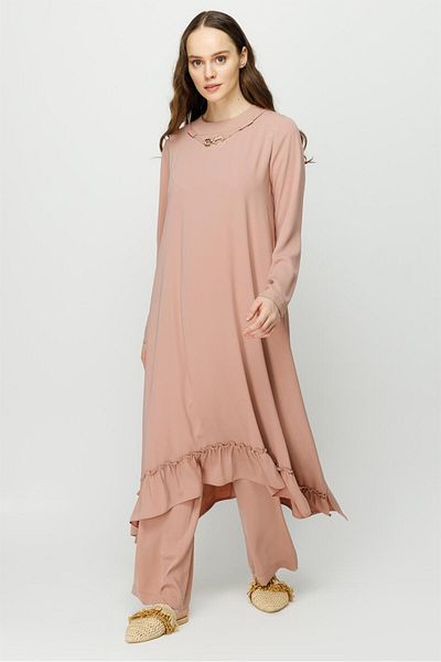 Esswaap Skirt Gather Detailed Tunic Trousers Set Powder